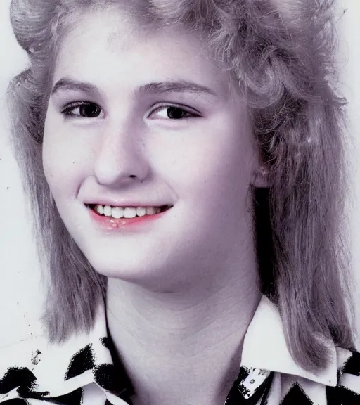 Image similar to 1 9 8 0 s highschool girl with big blonde hair, a black and white patterned shirt, magenta hair clip, yearbook photo