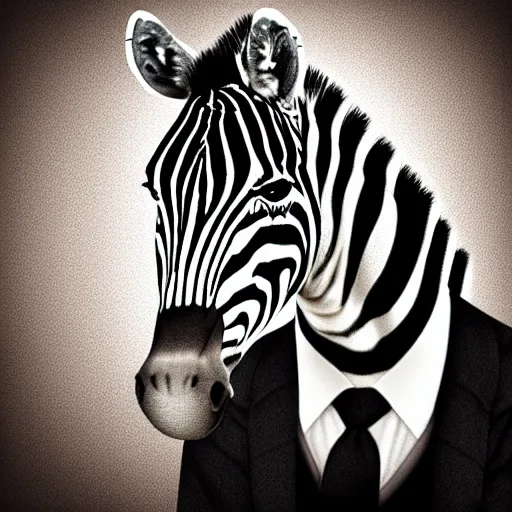 Prompt: a Portrait of a zebra in a suit, digital art