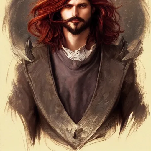 Image similar to portrait of a manly wolf, male, handsome, masculine, full body, red hair, long hair, soft hair, fantasy, intricate, elegant, highly detailed, suit, coffee shop, digital painting, artstation, concept art, character art, smooth, sharp focus, illustration, art by artgerm and greg rutkowski and alphonse mucha