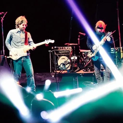 Prompt: the band phish and the band goose team up for a concert series to jam with electric laser lights for hypnotized fans