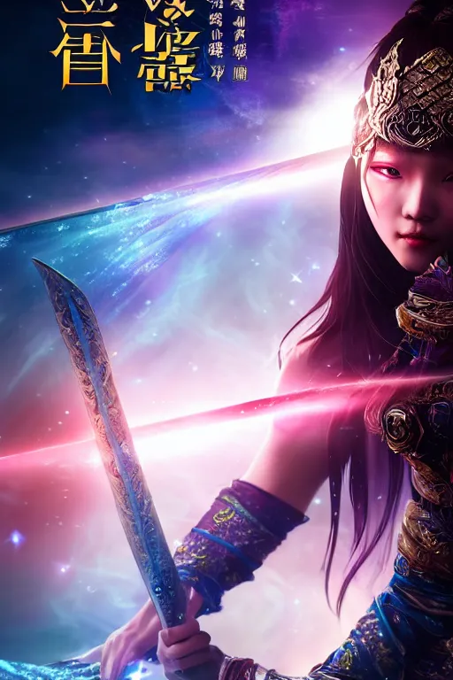 Image similar to beautiful cinematic fantasy poster, wuxia sword dance heroine, beautiful glowing galaxy eyes, hybrid from Dynasty Warriror and art direction by tian zi, WLOP, Darius Zawadzki cinematic quality character render; low angle; ultra high quality model; production quality cinema model;