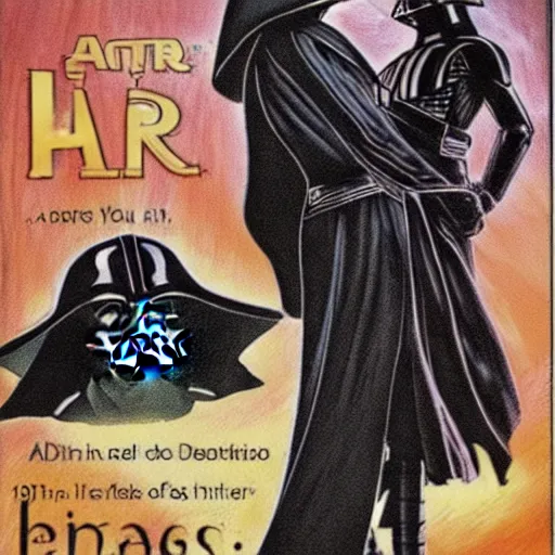 Image similar to a romance novel cover from 1 9 8 3, paperback, drawing, darth vader and yoda on the cover, romantic