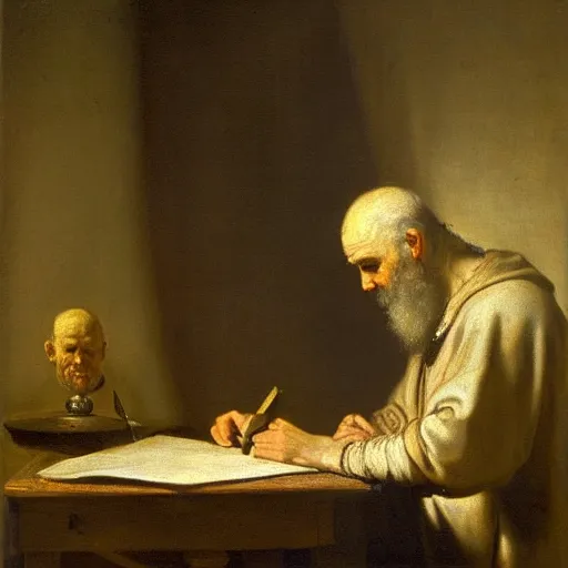 Prompt: St Jerome writing the Vulgate, painted by Rembrandt and Sargent