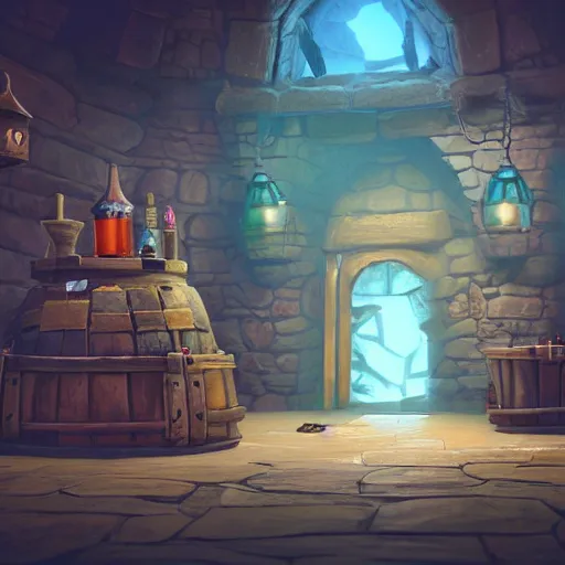 Image similar to a dungeons and dragons potion shop, 4k, trending on artstation, unreal engine, cinematic