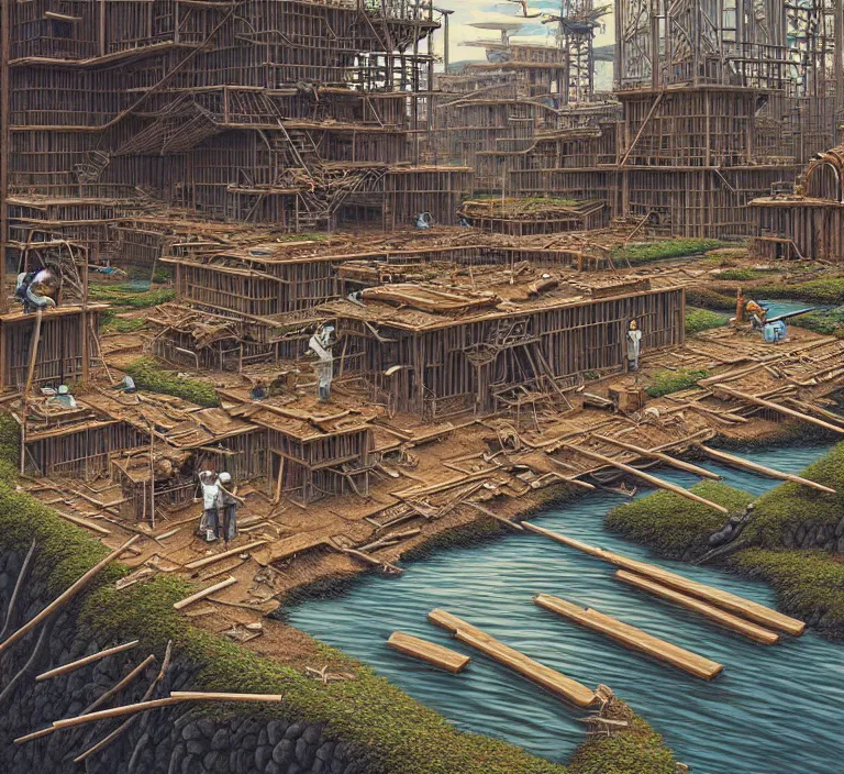 Image similar to hyperrealism photography hyperrealism concept art of highly detailed beavers builders that building highly detailed futuristic city with sticks by hasui kawase and scott listfield sci - fi style hyperrealism