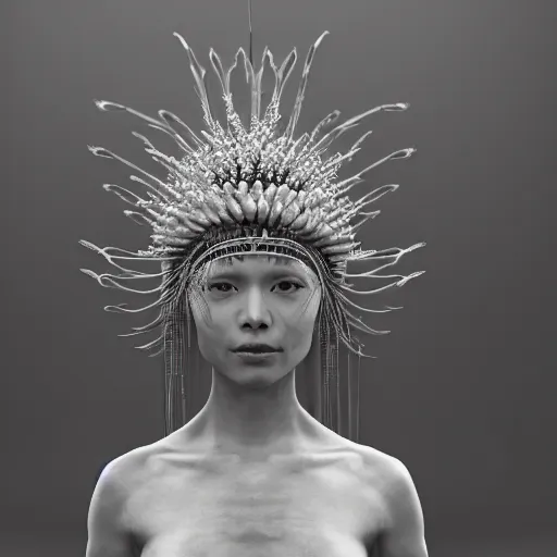 Image similar to mushroom goddess with extremely elegant headdress with group of elders in a ceremony for plant medicine, beautiful, hiroya oku, yoshitaka amano, alex grey, black and white, beautiful lighting, cinematic still, quantum gravity 3 d render, 8 k