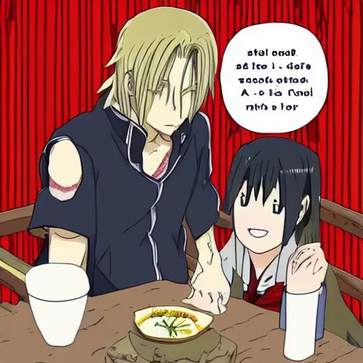 Prompt: edward elric spending time with izumi kurtis at a japanese traditional house in the middle of the forest eating ramen