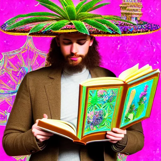 Prompt: HD 8x hyperdetailed illustrated collage of a man with a maximalist hyperrealistic huge hat made of mixed media jewel plants, reading an elaborate book. flamish baroque solarpunk elements. matte background in pastel tones.