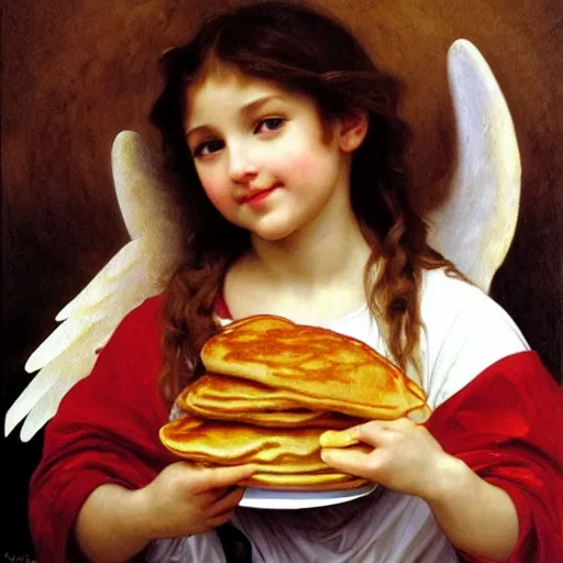 Image similar to an oil painting of an angel inside McDonald's eating pancakes, by Bouguereau, highly realistic and intricate