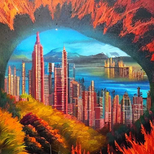 Image similar to Future city in harmony with nature. Nice colour scheme, warm colour. Beautiful painting by Lurid. (2022)