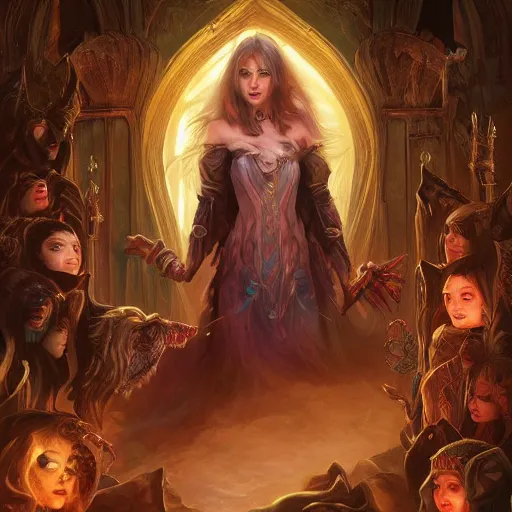 Prompt: beautiful female wizard, daughter of death, surrounded by followers, featured on artstation, 8k highly detailed, intricate oil painting, concept art