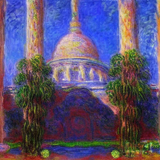 Prompt: The Temple of all Religions painting by Claude Monet