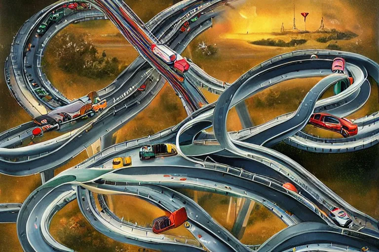 Prompt: a fantastical world of cars driving on rollercoaster highways as imagined by walter wick