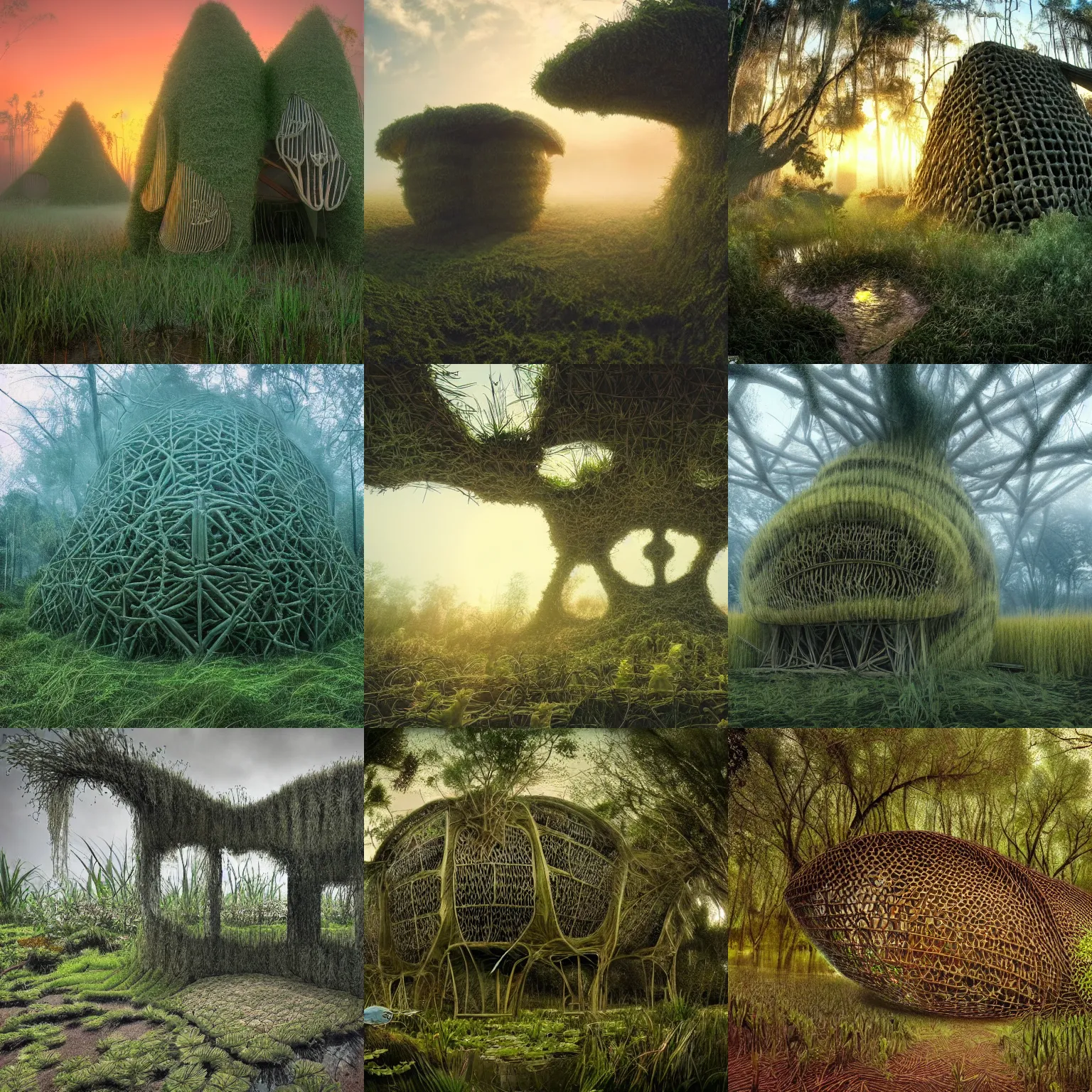 Prompt: a organic house structure made of strange plants, located in a swamp at sunrise, ((mist)), ultra wide angle, moebius, chillwave, futuresynth!!