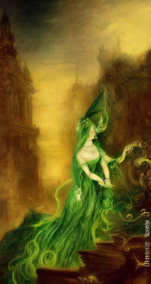 Prompt: Gothic princess in dark and green dragon armor on a neoclassical city. By Joseph Mallord William Turner, fractal flame, highly detailded