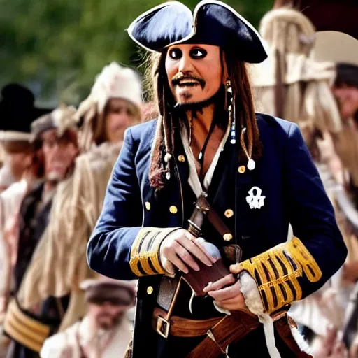 Image similar to photo of emmanuel macron as captain jack sparrow, full body shot, sharp focus, award - winning