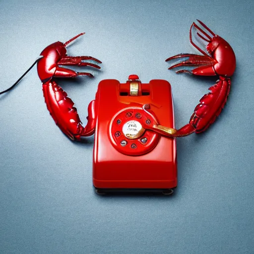 Image similar to commercial product photography advertisement for Salvador Dali’s Lobster phone, a red Rotary telephone with a lobster handset, The handle of the rotary phone is a plastic lobster, dark background, low key lighting, backlit, commercial studio lighting