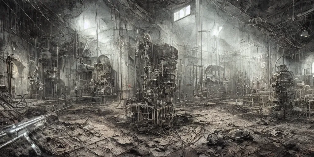 Image similar to xxii century humans discover abandoned laboratory with vacuum tube computers, early xx century technology, dark atmosphere, industrial complex, intricate, elegant, highly detailed, urban decay, digital painting, artstation, concept art, smooth, sharp focus, octane render, dramatic lighting, volumetric lighting, cinematic lighting, art by zdislav beksinski and hans giger