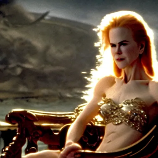 Image similar to cinematic scene with a twenty year old nicole kidman on a majestic throne as the goddess of war, dramatic, small details, volumetric lighting, still frame