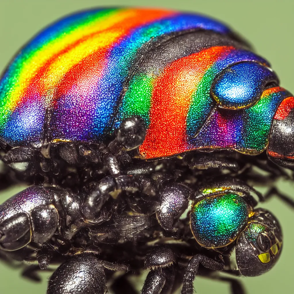 Prompt: front view, rainbow beetle, bokeh close up shot super macro, studio light