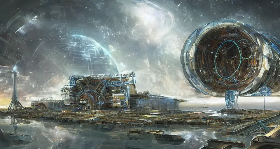 Prompt: detailed concept art of advance civilization human species researching on large hadron collider with cern particle accelerator sci - fi, digital, landscape, sci - fi, cinematic lighting