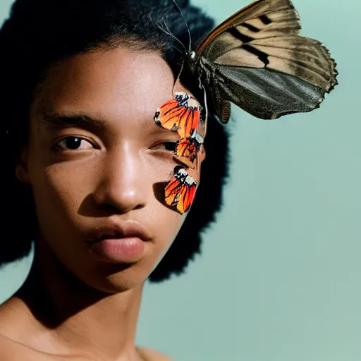 Prompt: realistic! photoshoot for a new balenciaga lookbook, color film photography, portrait of a beautiful woman, woman has a butterfly on her face, photo in style of tyler mitchell, 35mm lens