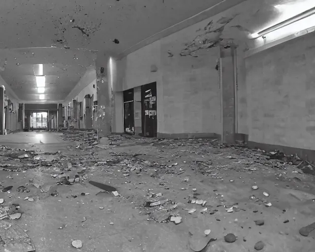 Prompt: camera footage of an abandoned shopping mall occupied by huge spiders, high exposure, dark, monochrome, camera, grainy, CCTV, security camera footage, timestamp, zoomed in, fish-eye lense, spiders!!!!,