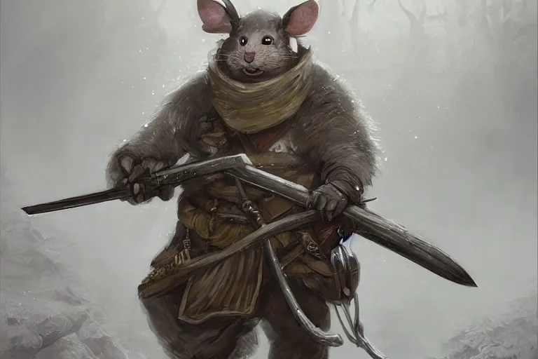 Image similar to dungeons and dragons fantasy painting, portrait of an ashigaru mouse with a rifle, whimsical and cute, determined expression, watery eyes, anime inspired by krenz cushart, light grey fur, tufty whiskers, bamboo forest, dawn lighting, by brian froud jessica rossier and greg rutkowski