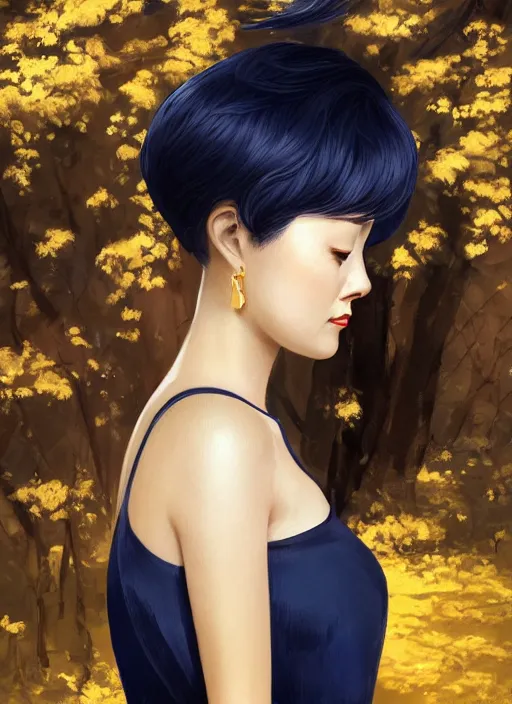 Prompt: full - length portrait of a park so - dam, dressed in a navy blue gown with gold embroidered details, golden brown hair, detailed face, fantasy, cinematic lighting, digital art painting, fine details by realistic shaded lighting poster by ilya kuvshinov katsuhiro otomo, magali villeneuve, artgerm, jeremy lipkin and michael garmash and rob rey