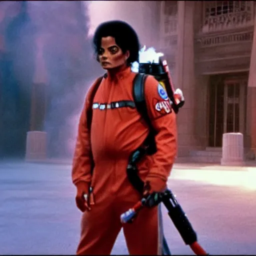 Image similar to stunning awe inspiring michael jackson as a ghostbuster in the movie ghostbusters, movie still 8 k hdr atmospheric lighting