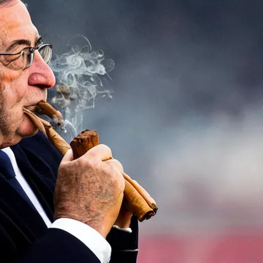 Image similar to high quality picture of florentino perez smoking a cigar, the camp nou burning in the background
