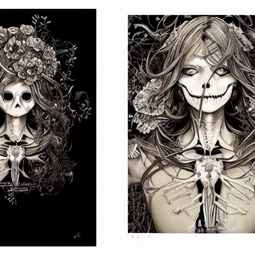 Image similar to anime manga skull portrait beautiful Marie Avgeropoulos skeleton, intricate, elegant, highly detailed, digital art, ffffound, art by JC Leyendecker and sachin teng