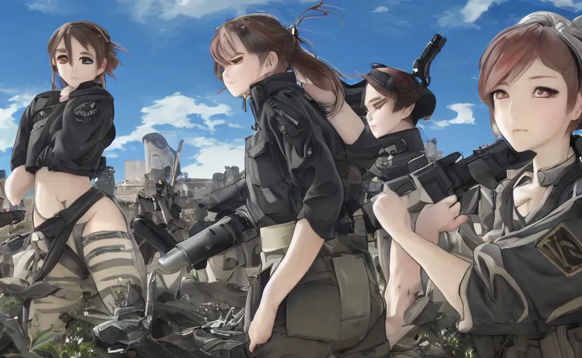 Image similar to panoramic view, girl, soldier clothing, battlefield in background, anime style, short hair, hair down, symmetrical facial features, combat googles, from arknights, hyper realistic, 4 k, extreme detail, detailed drawing, trending artstation, safebooru, realistic lighting, by alphonse mucha, ilya kuvshinov, greg rutkowski, sharp focus