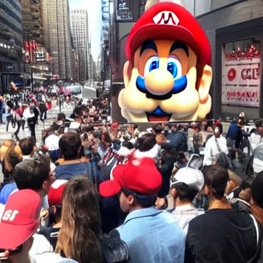 Prompt: supermario in NYC streets and crowded by people who waits for his autograph