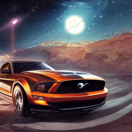 Image similar to a beautiful artwork of a mustang on a highway at night, by Jerome Opeña, featured on artstation