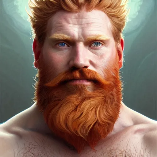 Image similar to beautiful natural middle aged bearded and very hairy male ginger god wearing only a white perizoma loincloth, intricate, elegant, highly detailed, digital painting, artstation, concept art, smooth art, sharp focus, illustration, art by artgerm and greg rutkowski and alphonse mucha and loish and WLOP