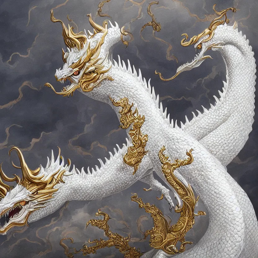 Image similar to amazing exquisite matte painting, close - up portrait of a chinese white dragon, sacred, shimmer, exquisite detail, huge details, gold detailed line work, by xision and yukii morita,, james jean, trending on artstation