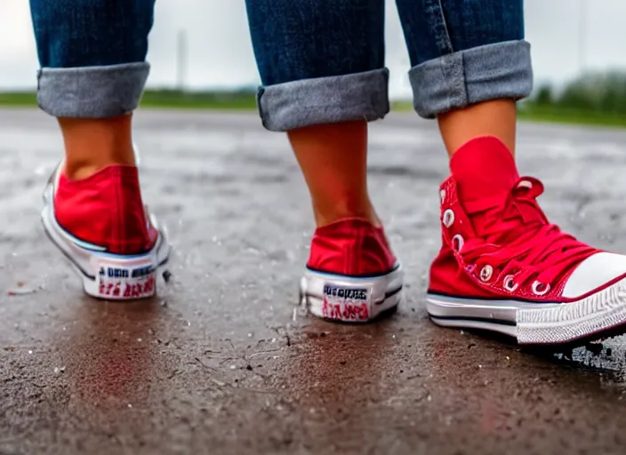 Prompt: side view of the legs of a woman hook sitting on the ground by a curb, very short pants, wearing red converse shoes, wet aslphalt road after rain, blurry background, sigma 8 5 mm