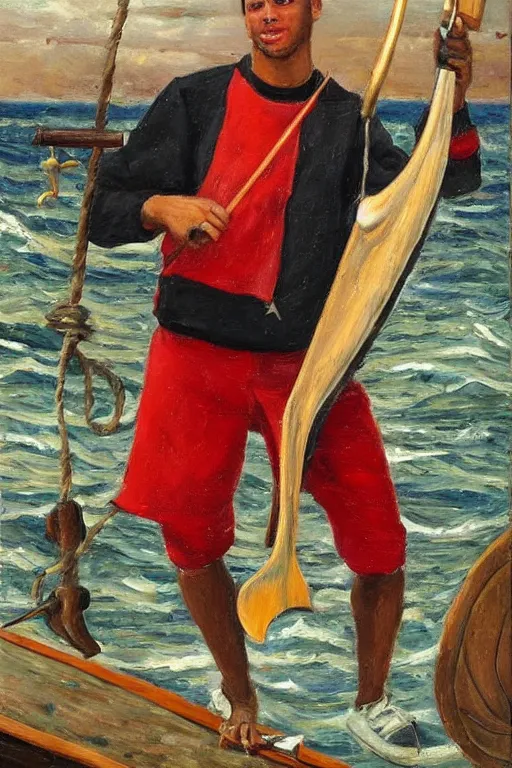 Image similar to patrick mahomes holding a whaling harpoon, the harpoon is sharp, he's on an old sailing boat, oil painting