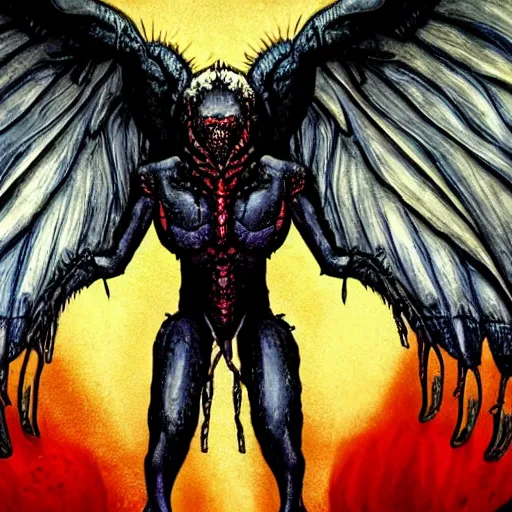 Image similar to 4K headshot of mothman with defined arms and open hands and bloody victims with giant wings , intricate face , flawless anime cel animation by Kentaro Miura,psychedelic , highly detailed upper body , professionally post-processed , beautiful, scary, symmetry accurate features, epic, octane rendered, anime masterpiece, accurate