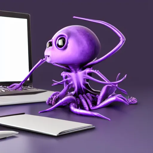 Prompt: purple alien creature with many arms and glasses sitting working at laptop computer photo realistic detailed 3d render