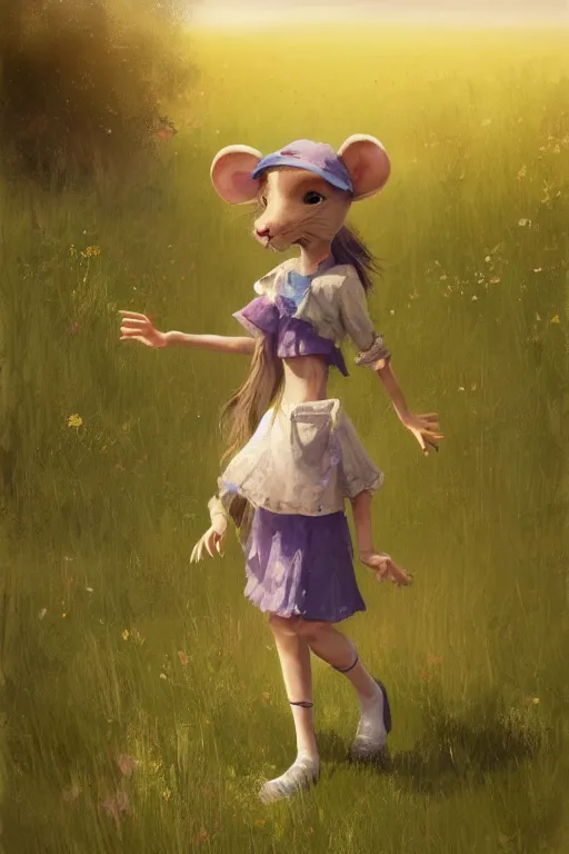 Image similar to a cute anthropomorphic rat girl wearing human clothes walking in a meadow, by craig mullins, detailed digital painting realism 8 k