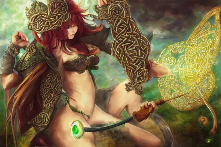 Image similar to celtic catgirl mage casting a spell, expressive oil painting, digital art, trending on artstation, highly detailed, by Yoshitaka Amano