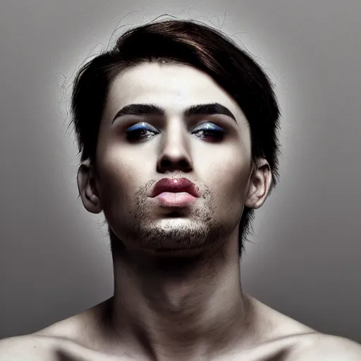 Prompt: Photo of a man ,pretty make up, bold, self confidence, cinematic, focus