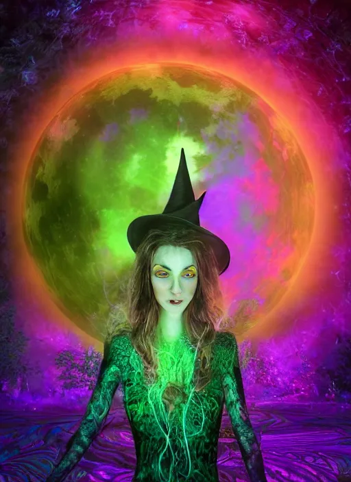 Prompt: beautiful witch in front of the full big moon, visionary painting, psychedelic vibrant colors, green emerald smoke outline, + gi, backlit, global illumination, physically based rendering, cinematic lighting, Hyperspectral Imaging, vintage, cinecolor, megapixel, super-resolution, 48k, ray tracing reflections, diffraction grading, lumen reflections, ray tracing ambient occlusion, de-noise, sfx, detailed and intricate, ultra defined texture detail, naturally life-like, octane render