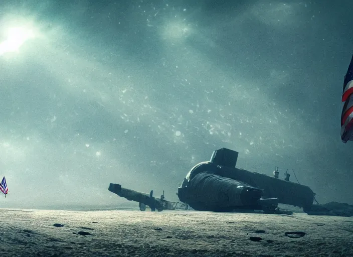 Image similar to astronaut holding a flag in an underwater desert. a submarine is visible in the distance. dark, concept art, cinematic, dramatic, atmospheric, 8 k, trending on artstation, blue, fish, low visibility, fog, ocean floor, christopher nolan, interstellar