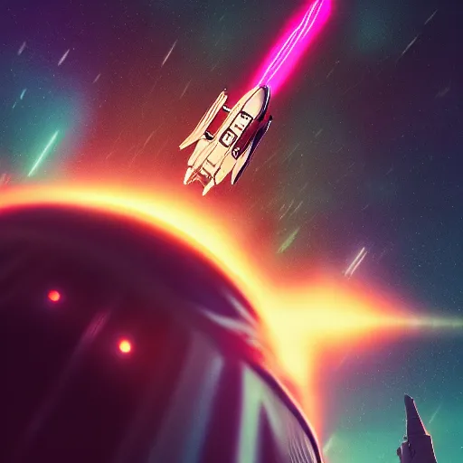 Image similar to rocket ship in space running into a comet, photo realistic, 8k, artstation, Blade runner, neon signs in the distance, dark, cinematic, high contrast, epic