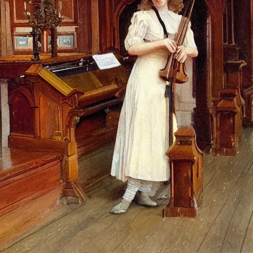 Image similar to A young edwardian woman playing a violin inside a church, in the style of carl larsson