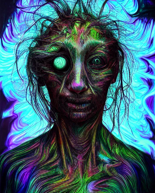 Image similar to realistic portrait of a creature experiment gone wrong, psychedelic, dark art, facing camera, photo realistic, detailed, 1 4 5 0, delicate, hyper realism, ultra realistic, 8 k