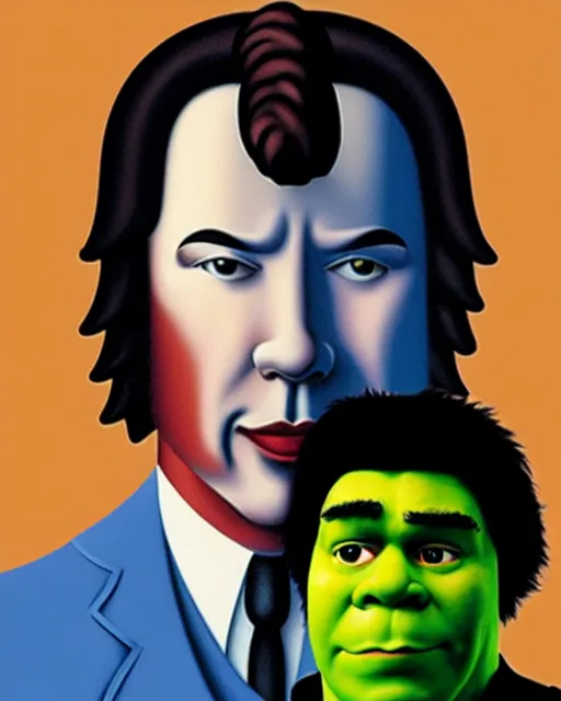 Prompt: magritte painting of keanu reeves and shrek